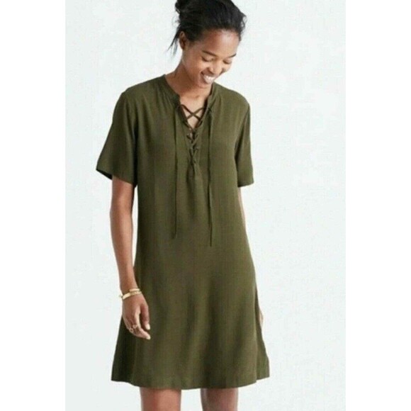 Madewell Novela Lace-Up Front Shift Dress Olive Green Viscose Size S EUC!! - Picture 1 of 4